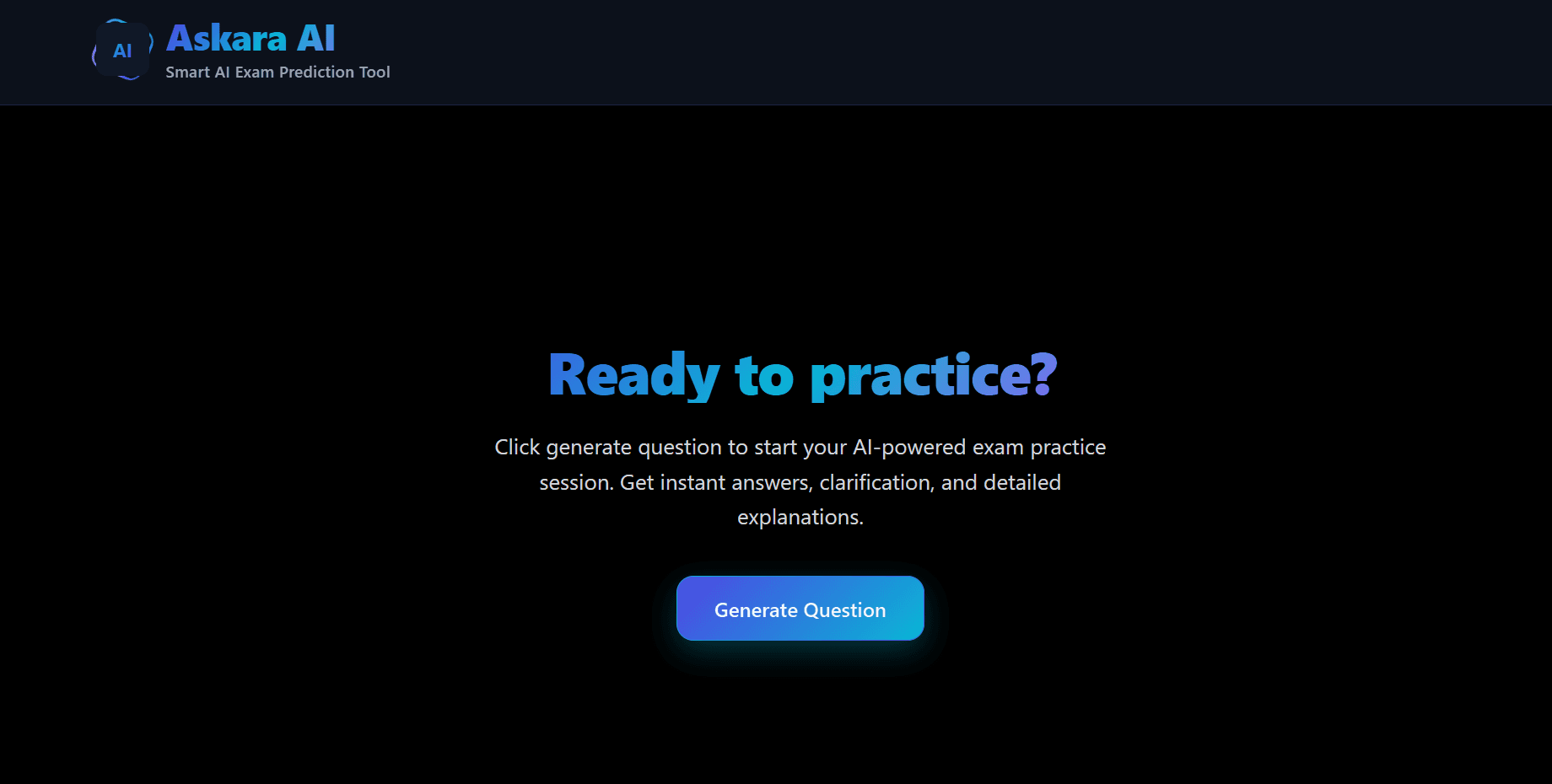 Askara AI exam practice homepage