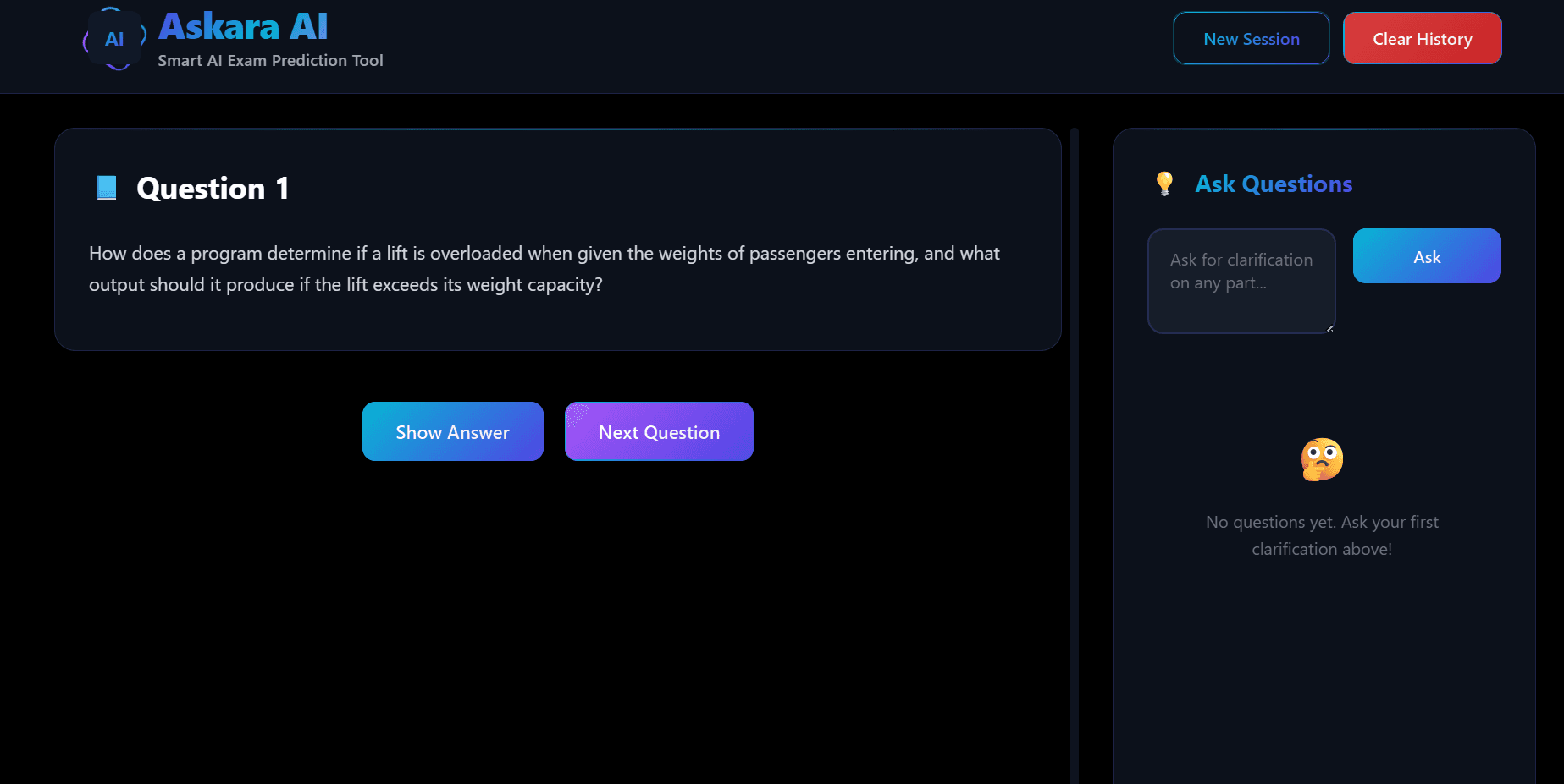 Askara AI generated exam question screen