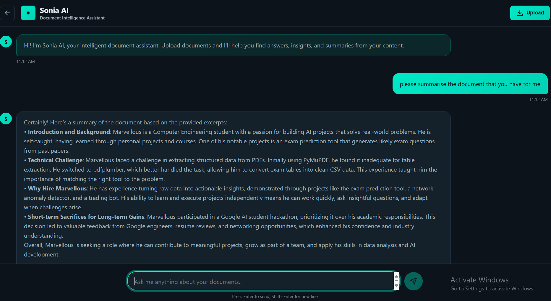 Sonia AI document chat screen