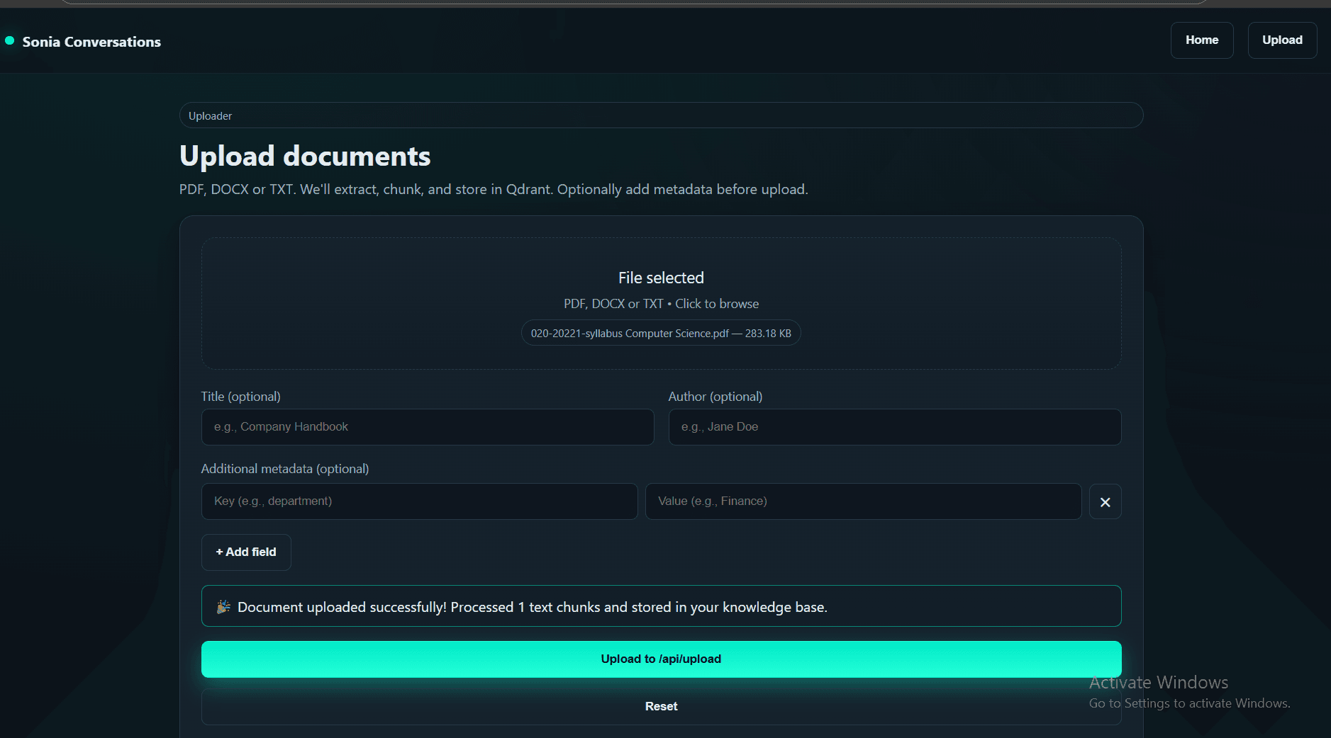 Sonia Conversations document upload flow